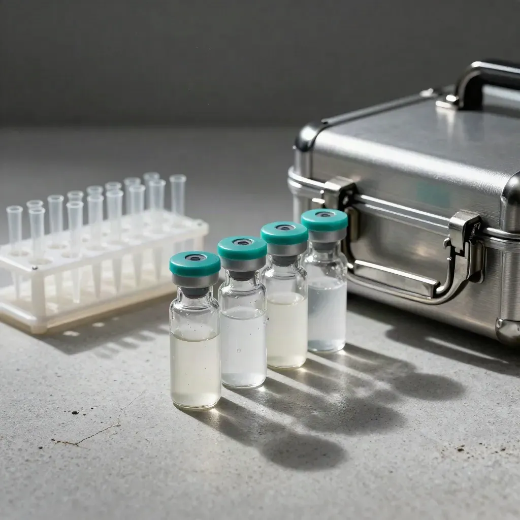 Teal-capped lab vials, tip rack, and stainless case on pale stone in dramatic side light.