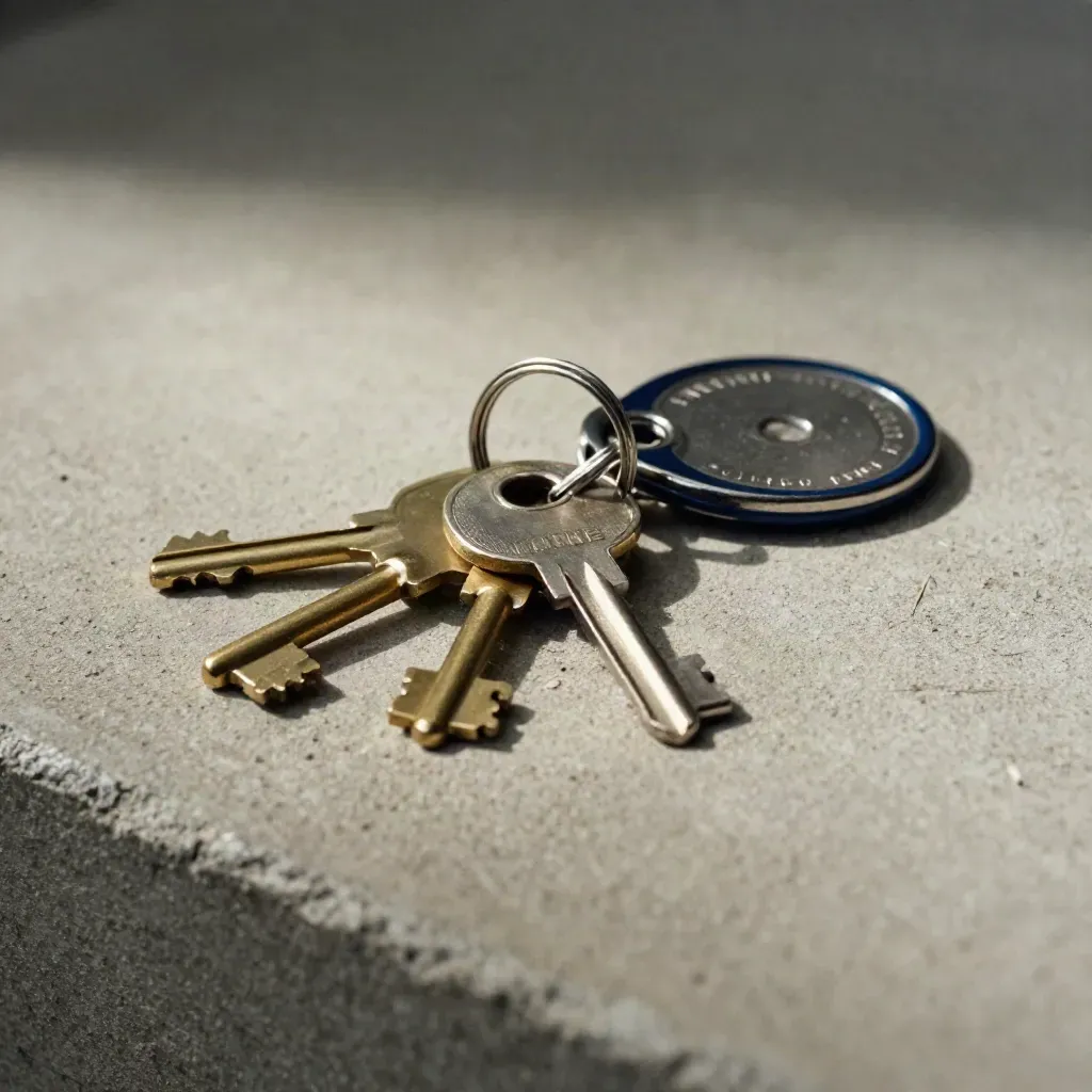 Open vault key set, brushed metal fob, and seal disc on warm concrete with soft daylight.
