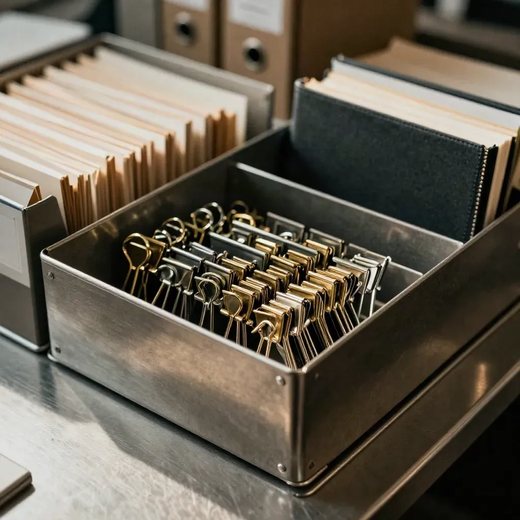 Brushed-metal archive trays with brass binder clips and a dark ledger block in soft daylight.