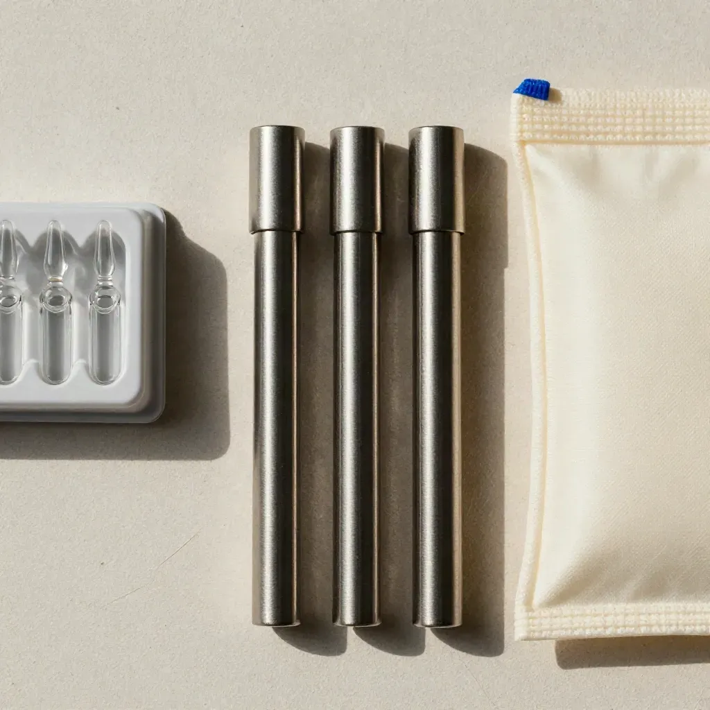 Overhead macro of specimen tubes, ampoule tray, and cream pouch on plaster with a blue accent