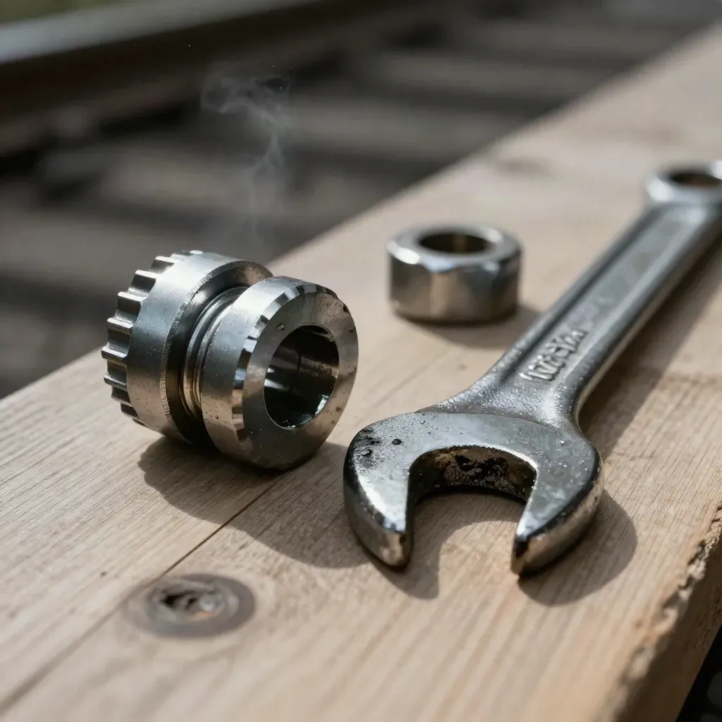 Macro still life of rail coupling parts on pale wood with dramatic light and dust