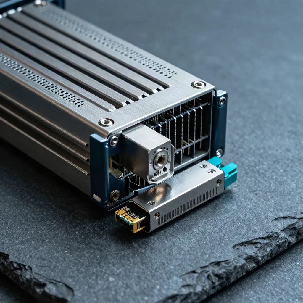 Bare-metal node blade and SFP module on graphite stone, lit with cool edge light.