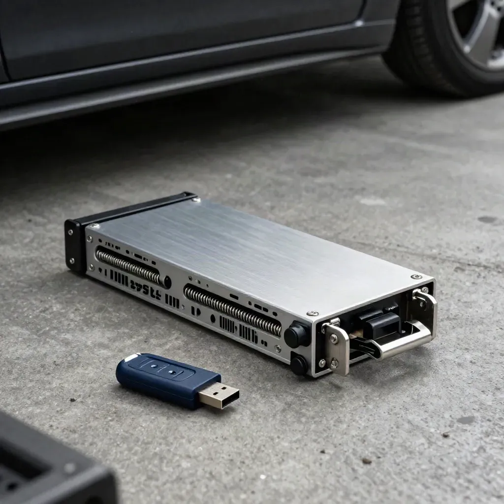 Hot-swap server sled, latch rails, and sealed USB security key on brushed concrete.