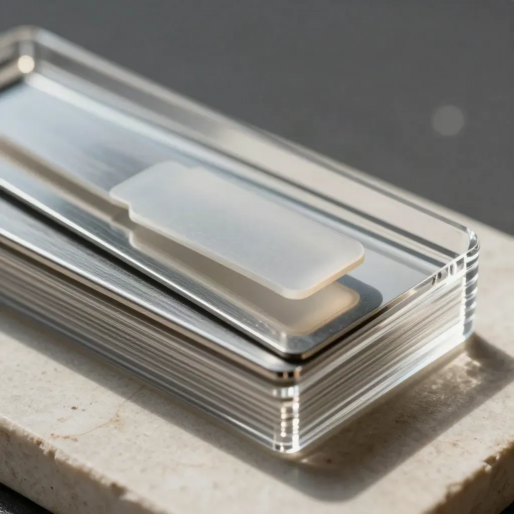 Acrylic inspection trays, blank tokens, and a brushed metal divider on pale stone, seen from overhead.