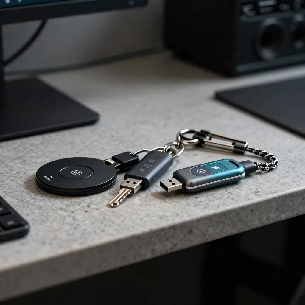 Hardware security keys with a cable clip on a graphite shelf, lit dramatically