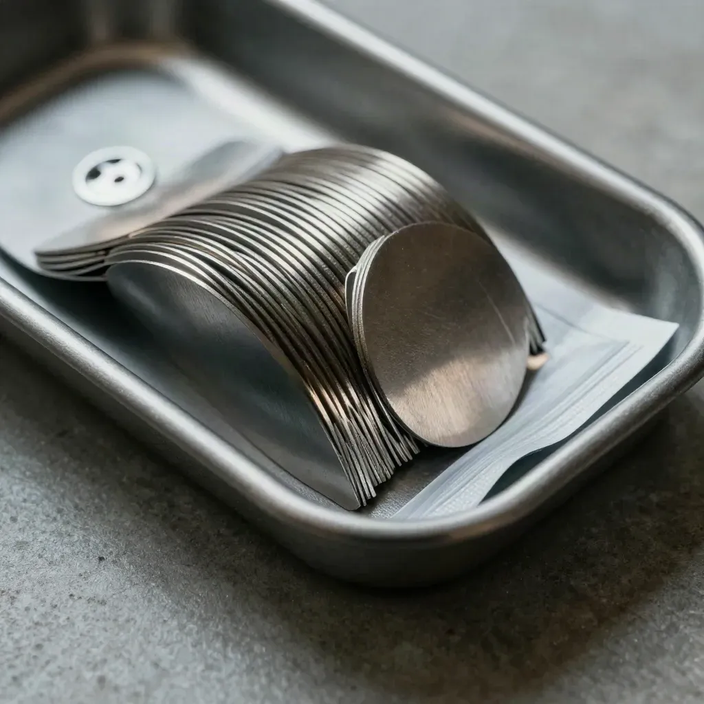 Stainless token discs in a tray with a tamper seal and anti-static pouch