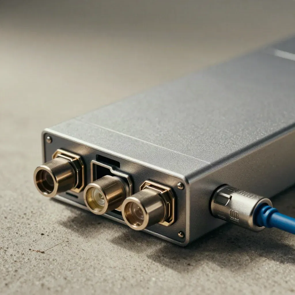 Fiber transceiver block with patch ends and metal coupler on warm concrete