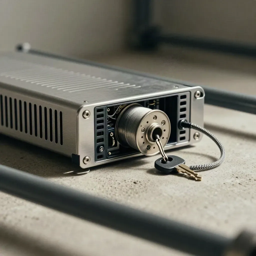 Macro of a server chassis, fiber spool, hardware key and cable loom through a rack rail.