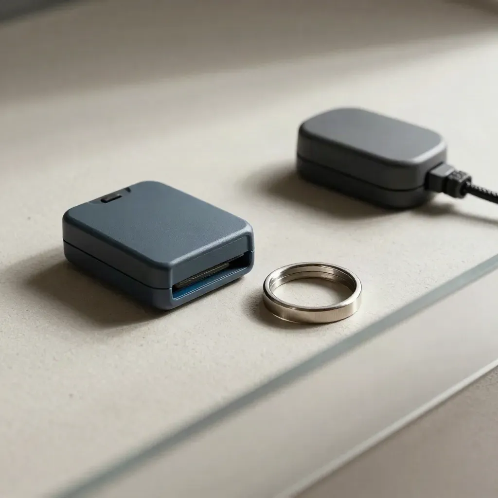 Reader puck, card-safe shell and payment token ring on pale plaster, shot through a blurred acrylic edge.