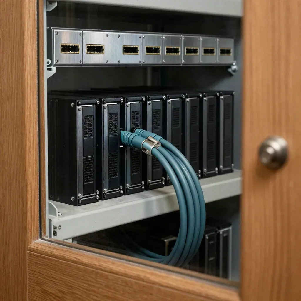 Patch panels, drive caddies, and a coiled cable harness seen through a doorway edge.