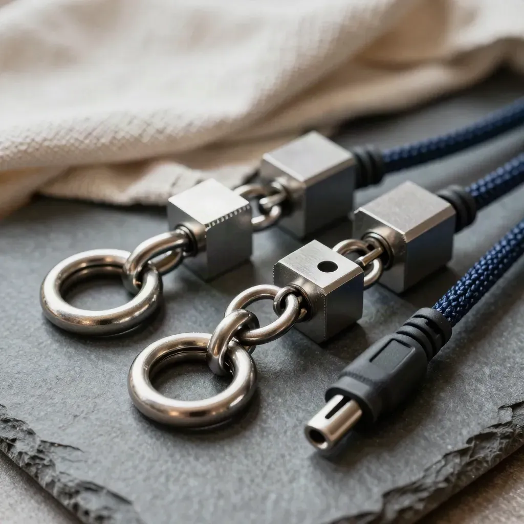 Top-down macro of steel rings, connector blocks, and braided cords on graphite.
