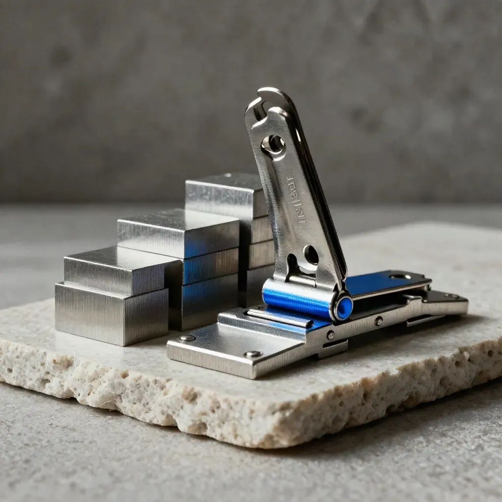 Precision hinge clips, aluminum blocks, and magnetic dock plates on pale stone with a blue accent.
