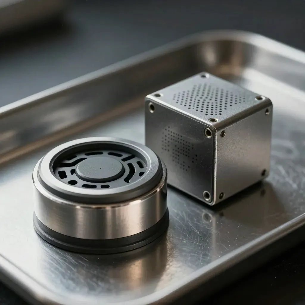 Macro still life of a sensor puck, vented module, and relay housing on brushed metal.