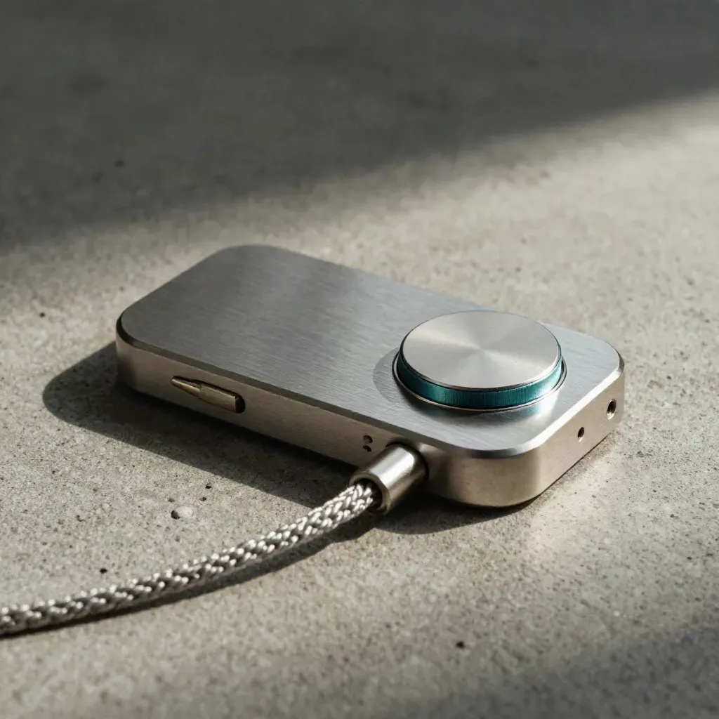 Brushed metal NFC reader, puck, and adapter ring on warm concrete in a premium still life.